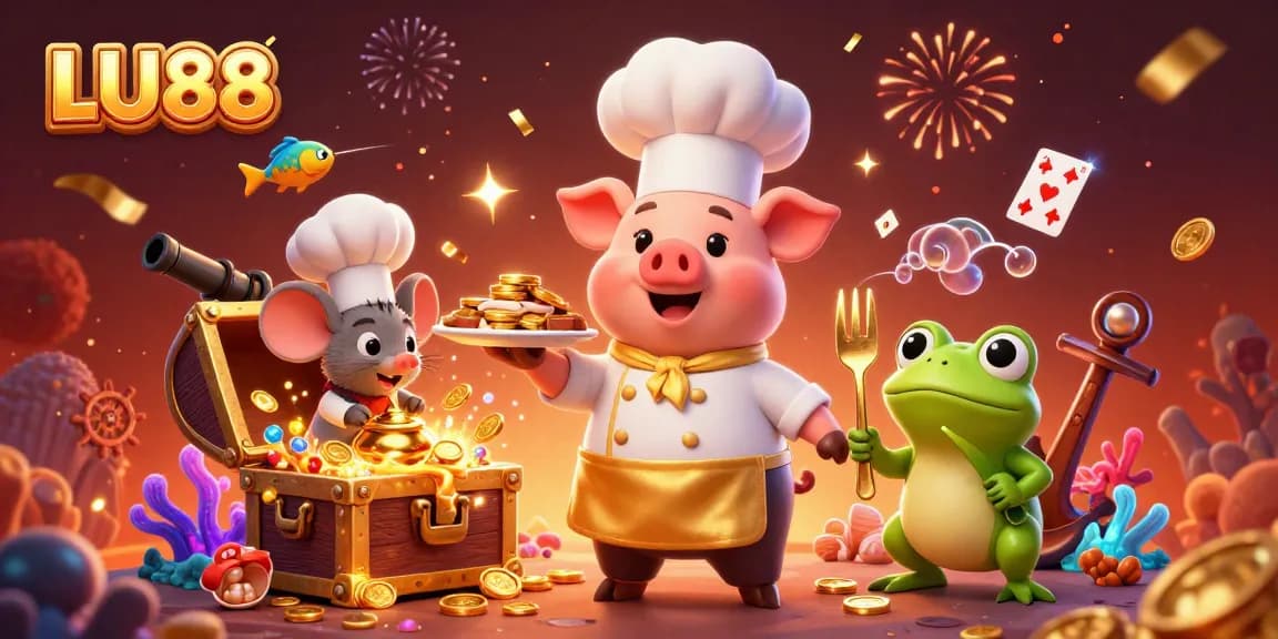 LU88 chef pig serves gold coins amidst vibrant casino atmosphere and fun characters.