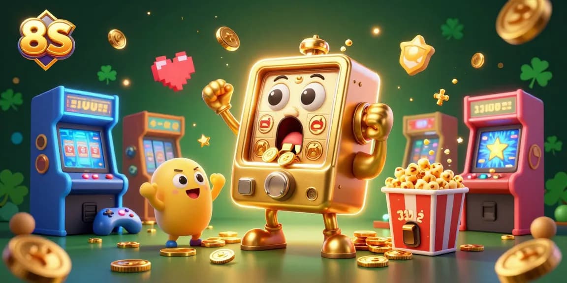 Play 8S and witness the thrilling jackpot excitement with vibrant slot machines and golden coins!
