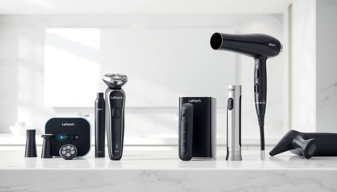 Showcase of Laifentech's sleek electric shavers and hair dryers in a modern bathroom setting.