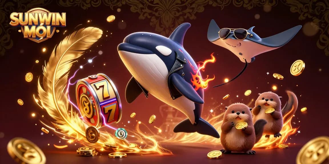 SUNWIN MỚI brings an exciting 3D scene featuring an orca, stingray, and otters with gold coins!