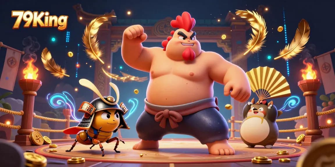 Experience thrilling battles at 79King as the powerful sumo rooster faces a fierce samurai cricket in an epic casino arena.