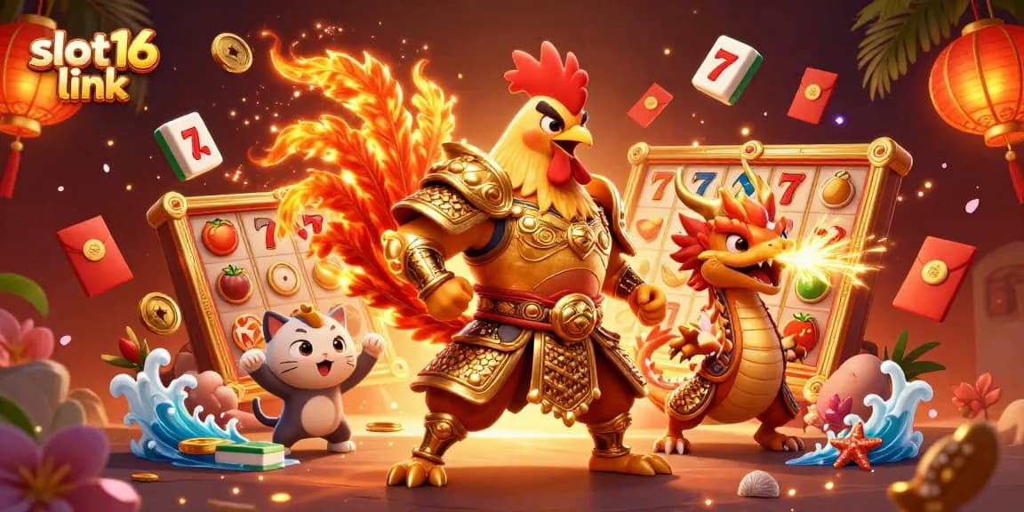 Engage with slot16 link through an exciting 3D cartoon scene featuring a rooster warrior, dragon hatchling, and lucky symbols!