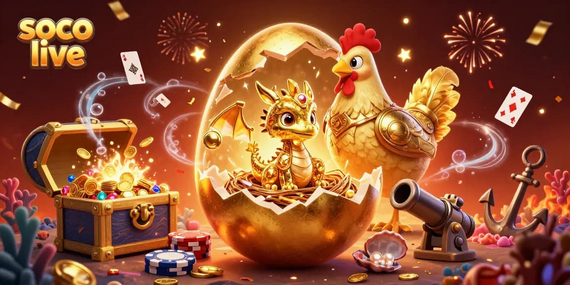 Experience soco live gaming with a golden dragon on poker chips amidst rich casino treasures.