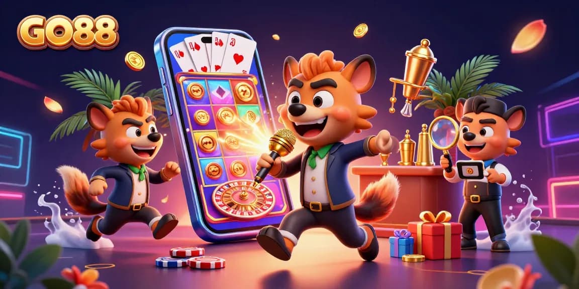 Experience GO88 with vibrant casino fun as hyenas entertain, mix drinks, and check IDs in a lively scene.