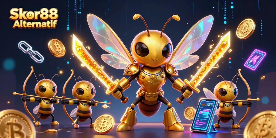 Engage in exhilarating gameplay with Skor88 Alternatif, visualized in a dynamic 3D illustration filled with vibrant crypto themes.