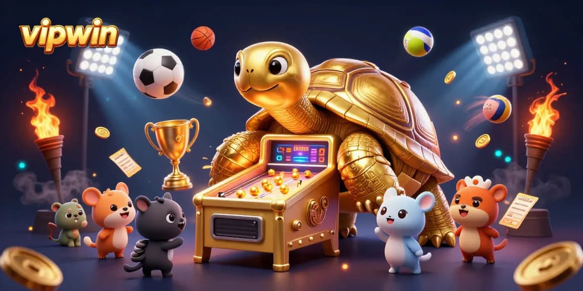 Engage with vipwin through a dynamic 3D illustration showcasing golden tortoise and lively sports betting elements.