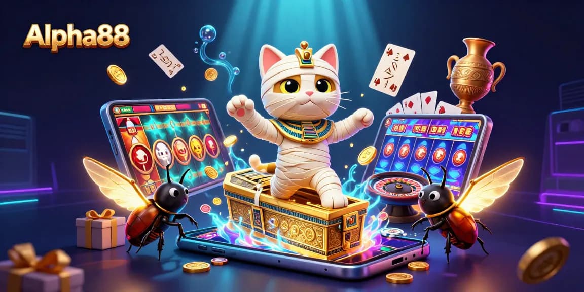 Alpha88's vibrant casino scene with a cartoon mummy cat and golden scarab, showcasing exciting slot games.