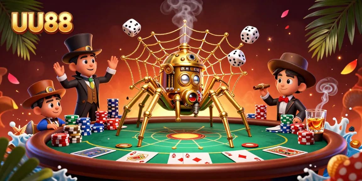 Engage with thrilling games like poker and roulette at UU88, featuring a steampunk spider and gold chains.