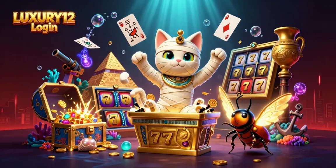 LUXURY12 Login dengan karakter kucing mumi dan scarab, dalam suasana kasino penuh permainan slot yang menggembirakan.
