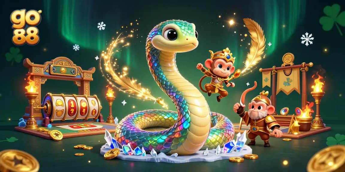 Engage with go 88 in a vibrant casino-themed scene featuring a rainbow serpent and monkey king.