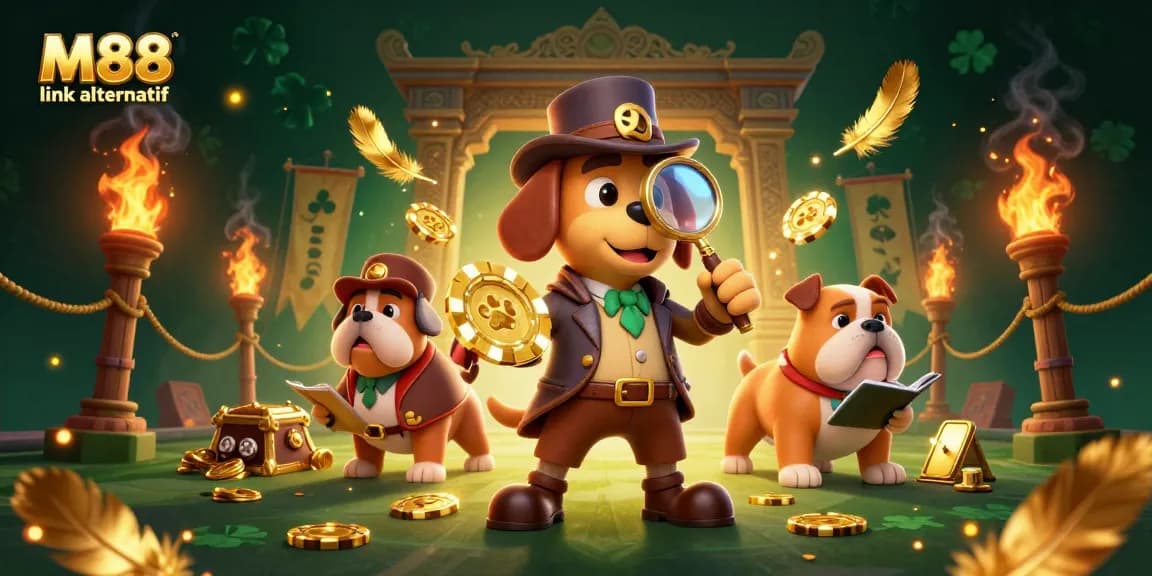Engage with the M88 link alternatif illustration of a detective exploring clues in a dynamic casino scene.