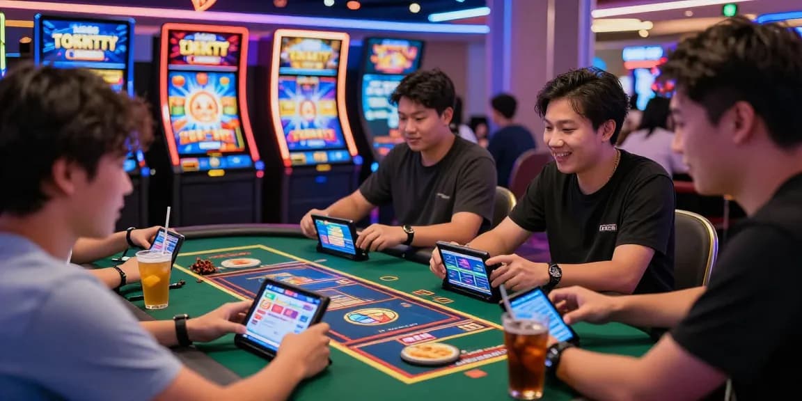 Situs LUXURY777, suasana perjudian online yang ceria dengan pemain muda menikmati permainan slot di tablet dan smartphone.