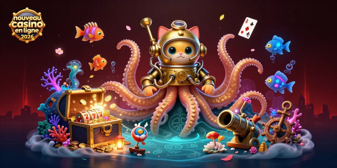 Illustration 3D d'un kraken et d'un chat plongeur symbolisant le nouveau casino en ligne 2026.
