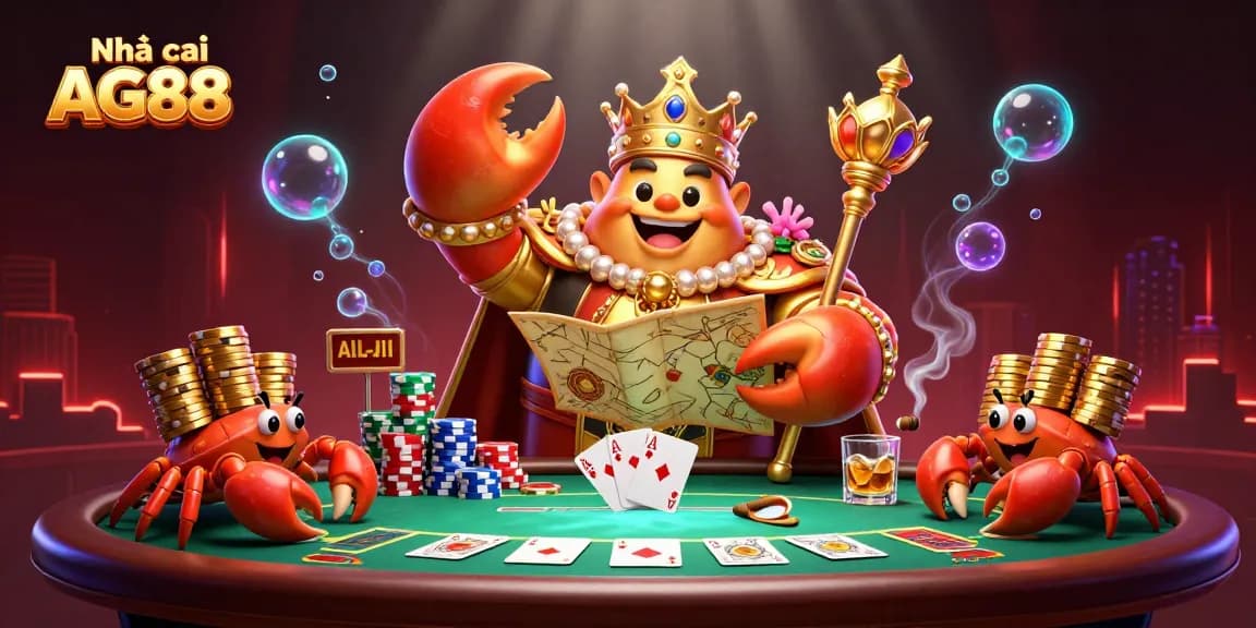 Engage with Nhà cái AG88 featuring a vibrant 3D crab emperor and poker elements in an energetic casino scene.