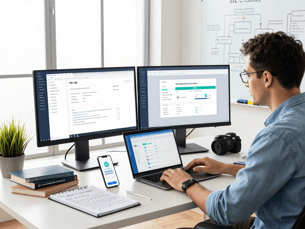 Expert managing certificados ssl on dual monitors in a modern workspace, focused and productive.