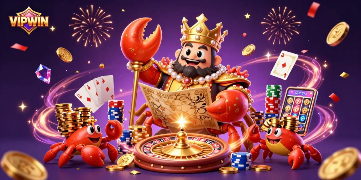 Experience VIPWIN's golden crab emperor surrounded by dazzling casino elements in this vibrant illustration.