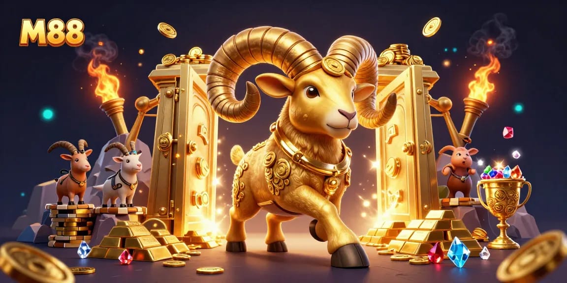 M88 brings excitement to online gambling with dynamic action, showcasing a golden ram charging through a treasure vault.
