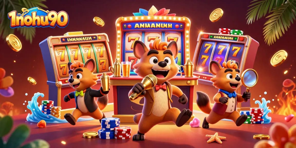 Experience the thrill of 1nohu90's slots with hyena entertainers in a vibrant casino.