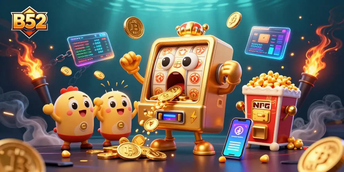 B52 presents a lively jackpot celebration with cartoon slot machines and crypto coins pouring out wealth.