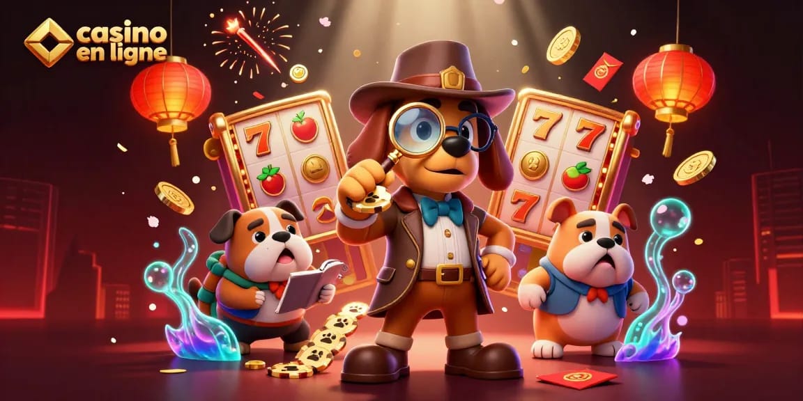 Jouer au casino en ligne avec des personnages détectives et des jetons de poker en arrière-plan.