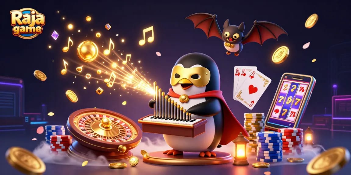 Join the excitement of Raja game with a dynamic scene of a penguin playing an organ while gold coins rain down.