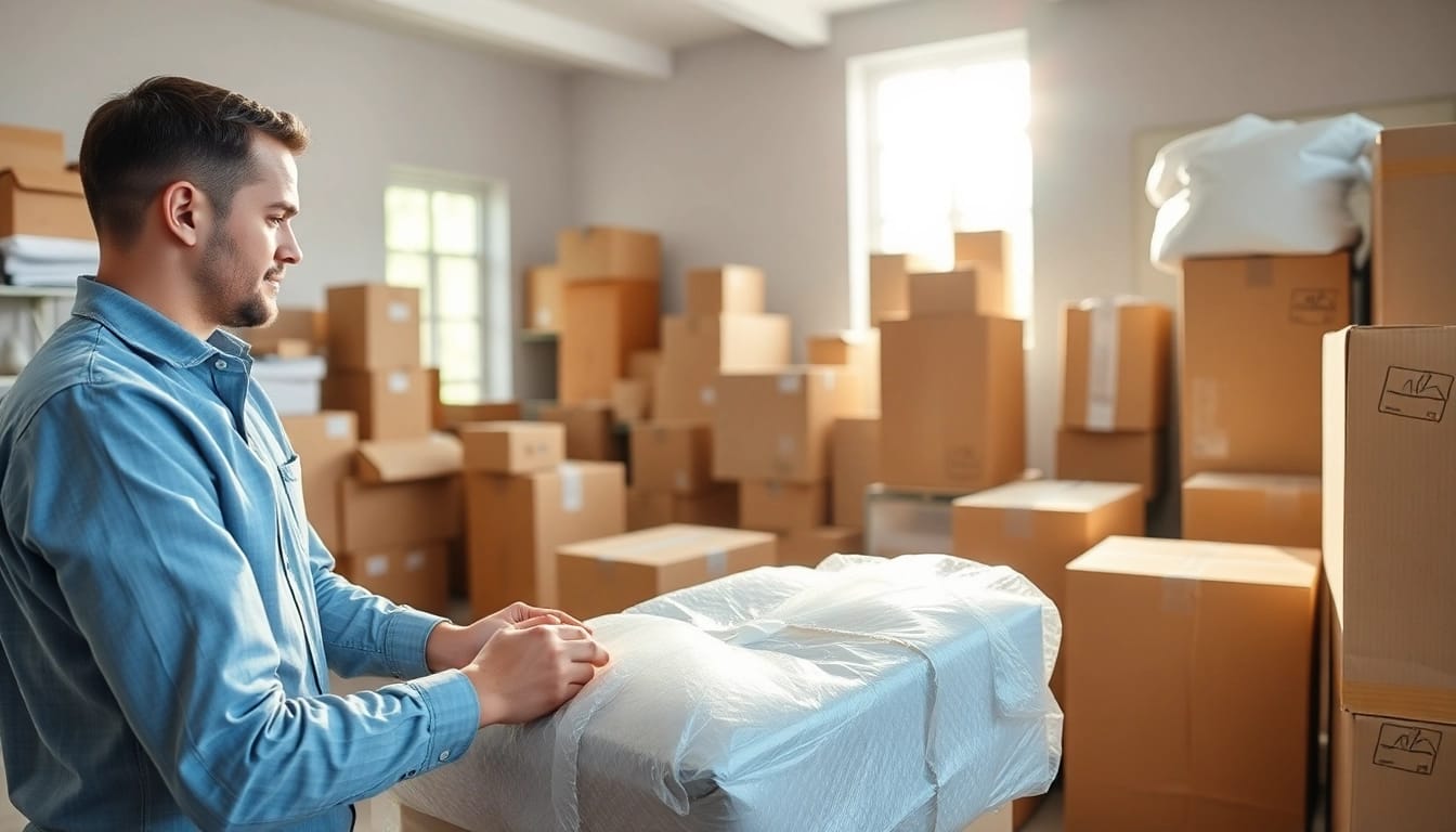 Efficient team delivering Professional Packing Services, skillfully wrapping items and arranging boxes.