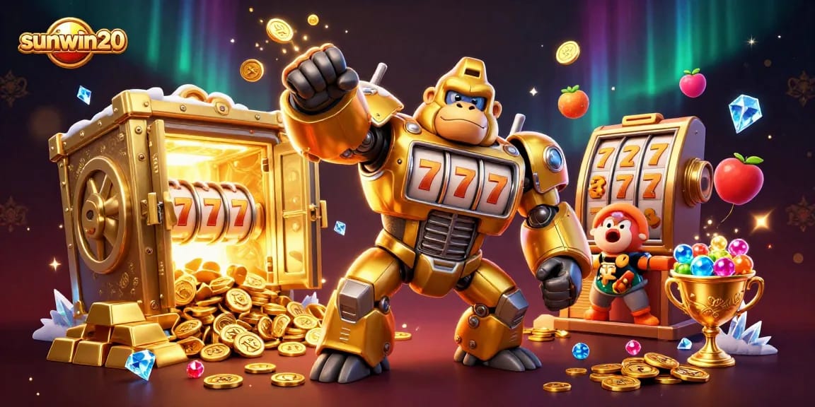 Win big with sunwin20 in this slot-themed 3D casino illustration featuring a golden mech!