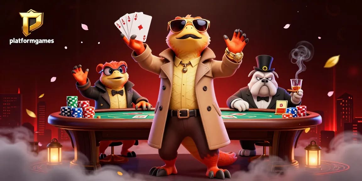 Raptors disguised as a tall person enter a VIP lounge at platformgames casino, showcasing poker elements.