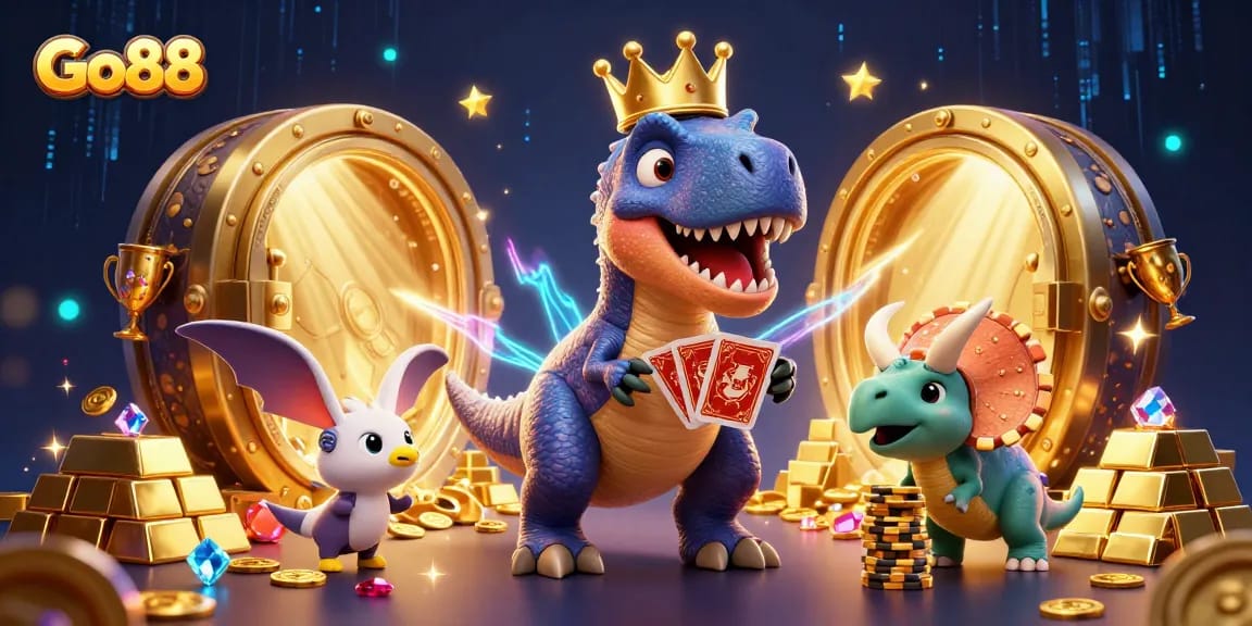 Go88 introduces an exciting casino scene where a T-Rex shuffles cards amid treasures like gold bars and jewels.