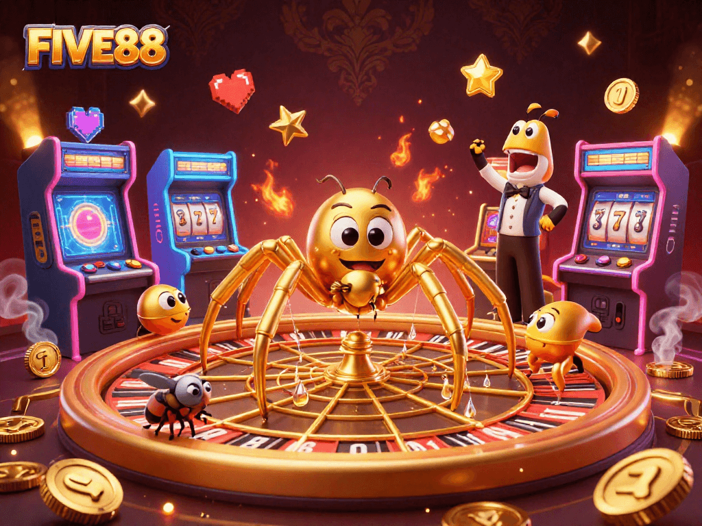 Engage with the thrilling FIVE88 casino scene featuring a golden spider and animated gaming elements.