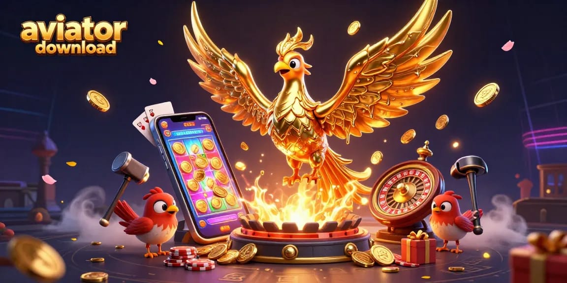 Aviator download in a vibrant scene with a molten golden phoenix and casino elements surrounding it.