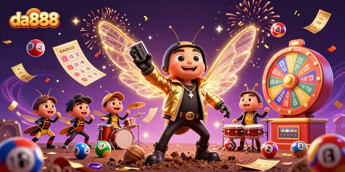 Experience the excitement of da888 with vibrant lottery balls and buzzing 3D characters celebrating
