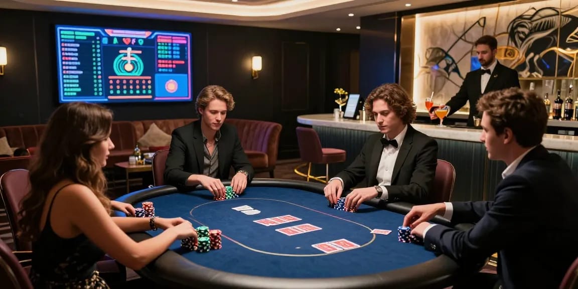 Lingkungan mewah perjudian online dengan teman-teman bermain LUXURY777 Daftar di meja poker yang elegan.