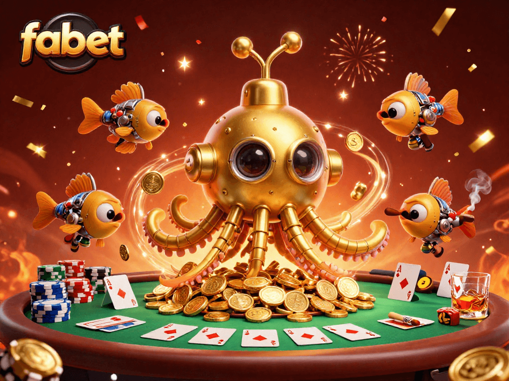 Experience thrilling poker gameplay with fabet's golden kraken submarine amidst a treasure of coins.