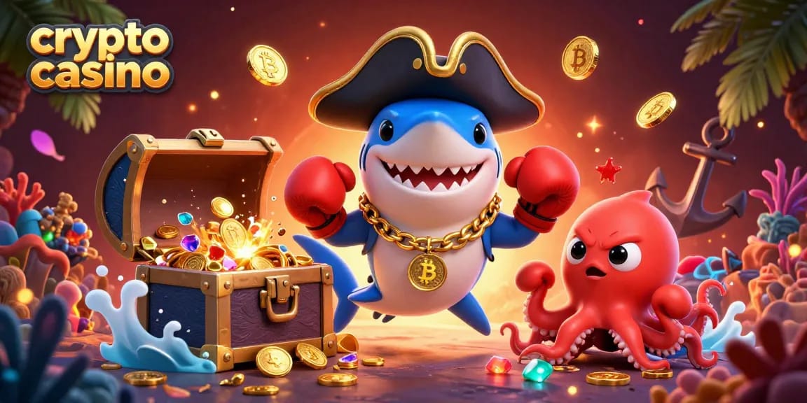 Jouez au crypto casino avec un requin pirate et un bébé pieuvre portant des pièces d'or.