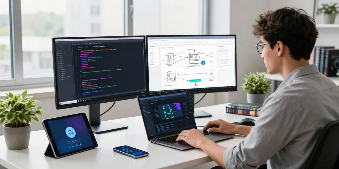 Build internal tools with AI in a modern workspace featuring a developer coding and managing projects, bright and organized.