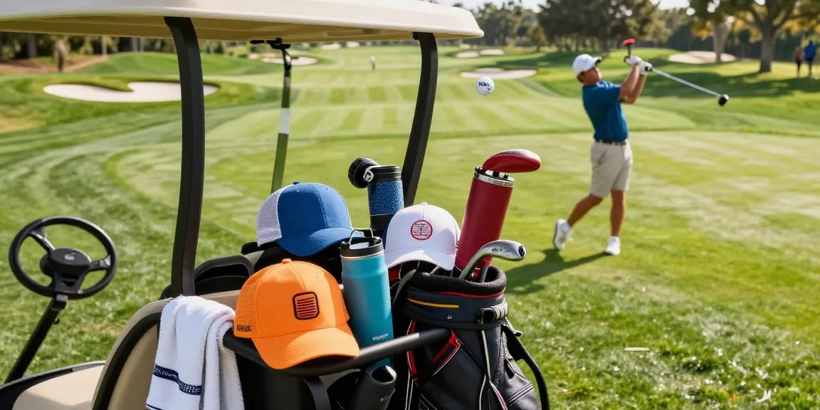 Branded golf balls soaring through the air on a sunny golf course with vibrant accessories.
