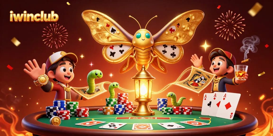 Experience thrilling poker action with iwinclub's vibrant 3D casino illustration featuring an enchanting moth and gaming elements.