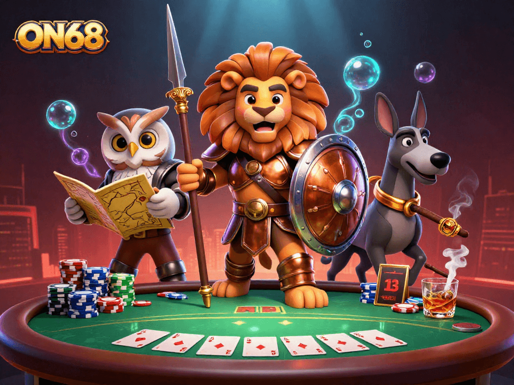 Experience thrilling action with ON68, where players strategize at a lively poker table with vibrant characters.