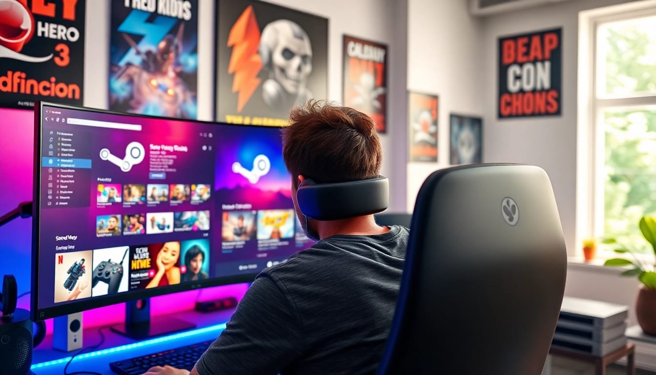 Browse for cheap Steam keys on a dynamic gaming setup with vibrant displays.