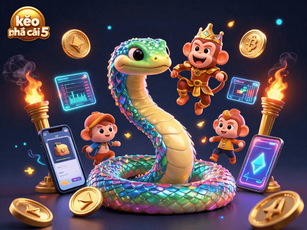 Bet on kèo nhà cái 5 with vibrant 3D illustration featuring cryptocurrency and casino elements.