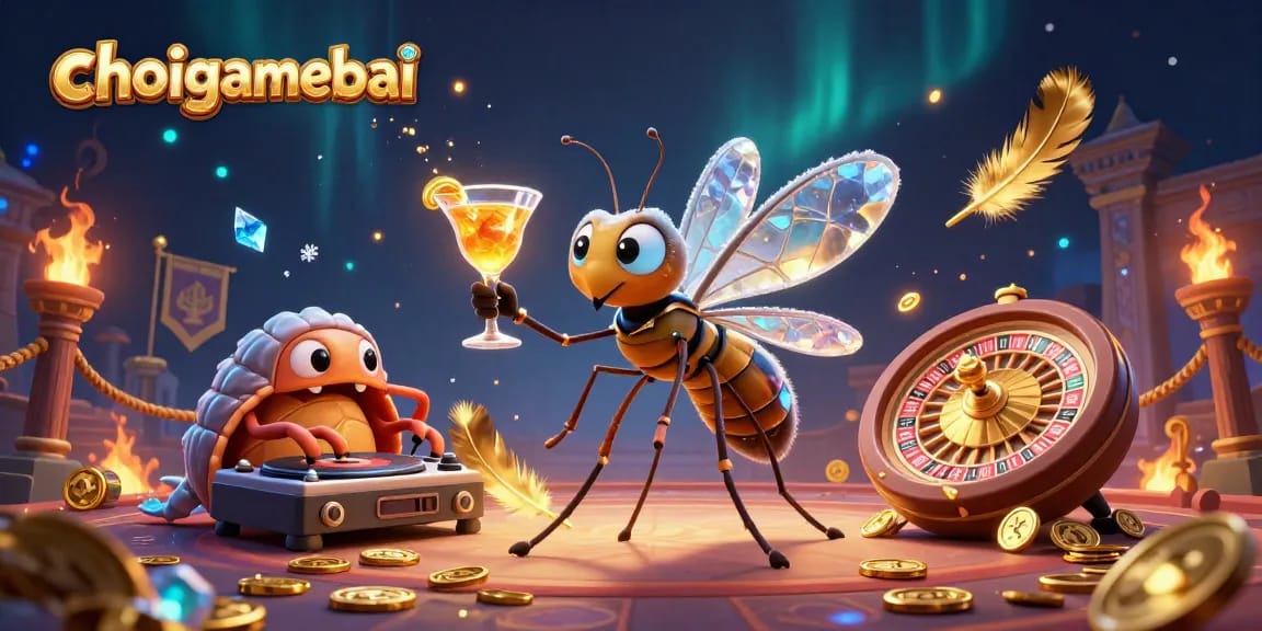 Engage in thrilling casino action with choigamebai featuring a unique mosquito mascot, trilobite DJ, and golden roulette wheel.