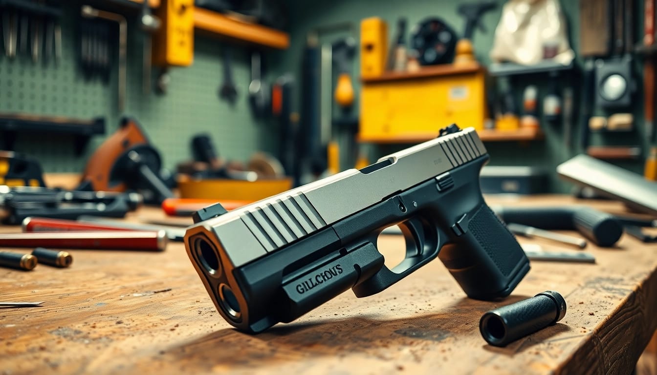 Showcasing customizable glock 17 slides with detailed craftsmanship in a workshop.