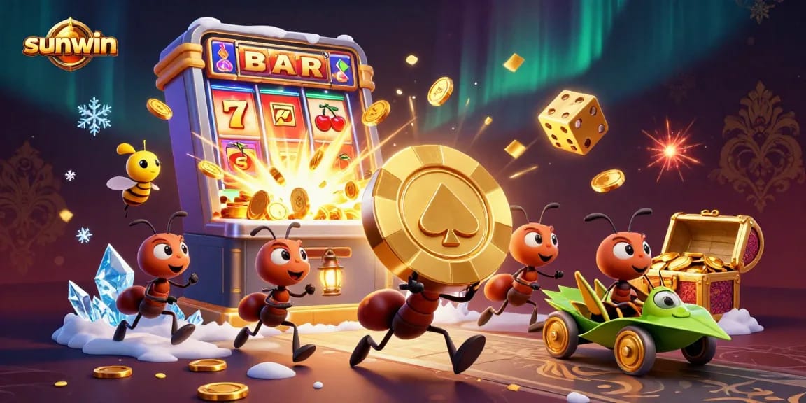 Experience an exciting heist in the sunwin casino with animated ants, golden poker chips, and vibrant gaming elements.