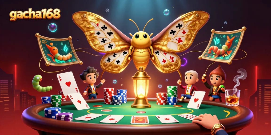 gacha168 showcases vibrant poker scenes with a cartoon atlas moth and golden lanterns