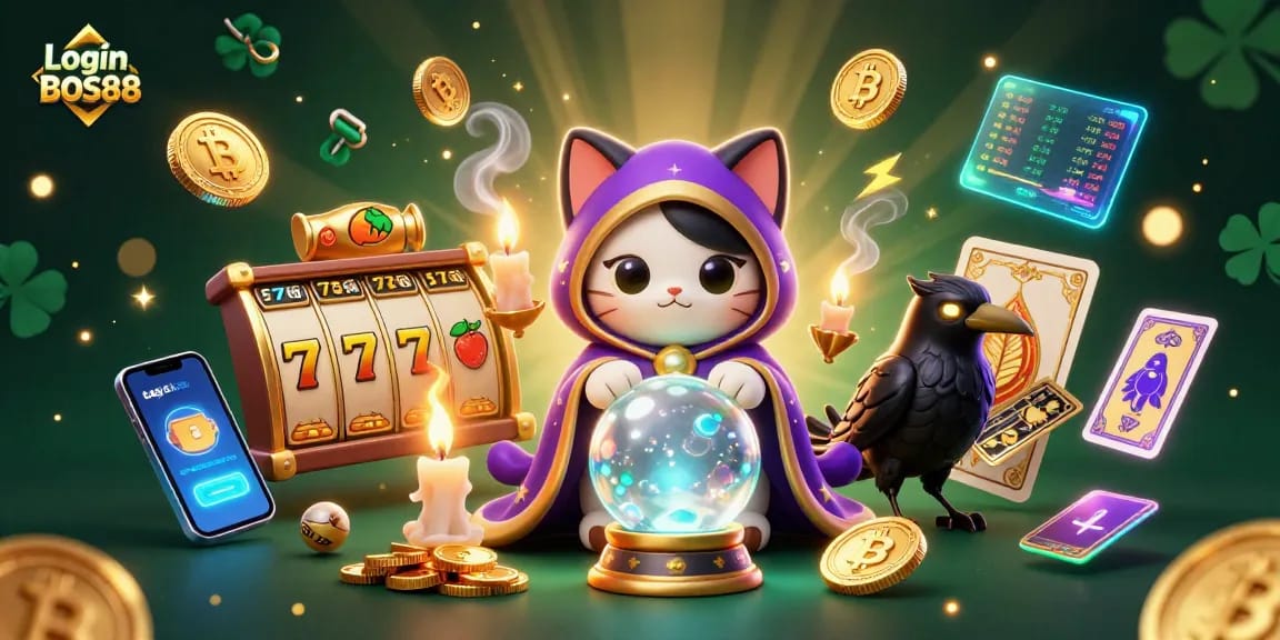 Login BOS88 merasakan seni permainan slot online dengan simbol berkilau dan karakter mistis dalam ilustrasi 3D.