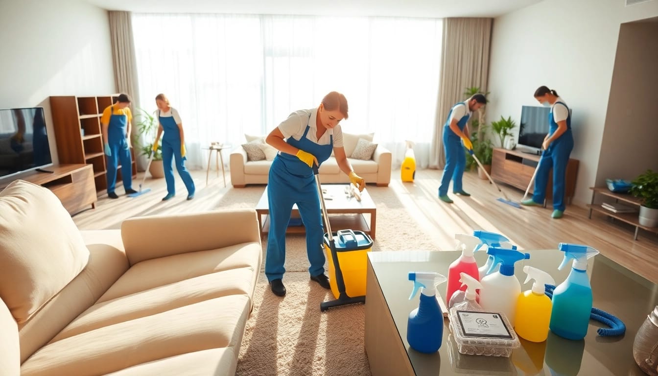 Bond cleaning professionals efficiently cleaning a bright living room with their supplies.