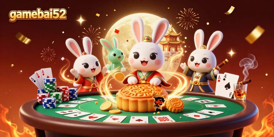 Gamebai52 showcases an exciting scene with a moon rabbit and poker elements, enhancing the gaming experience.