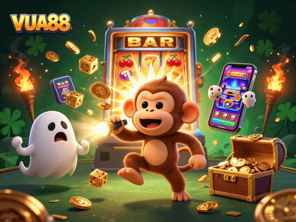 VUA88 players unleash winnings while exploring a vibrant casino scene with animated games and golden treasures.