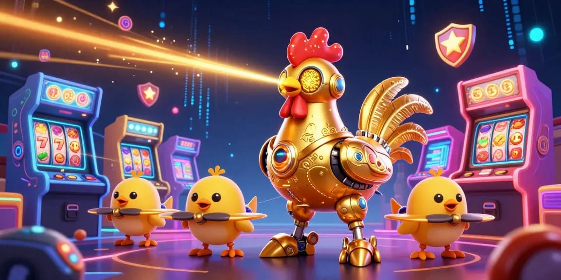Engage with the thrilling sun-themed casino illustration showcasing a golden rooster robot in a vibrant gambling environment.